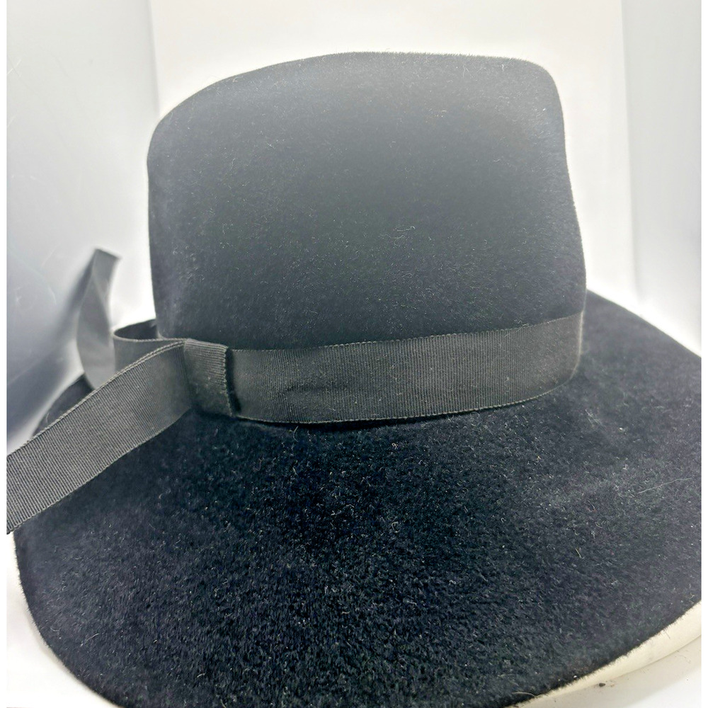 Vintage Gene Doris Hat Cloche Fitted 7 Black Felt Bow Rhinestone Formal Womens